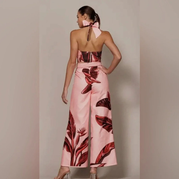 NWT Pink Tropical Print Halter Top & High Waisted Pant Set w/ Matching Belt - Picture 4 of 5